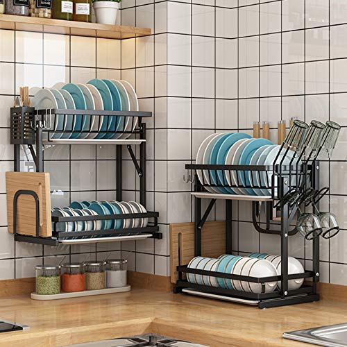 JYHHGDS 2 Tier Drainer Dish Rack Stainless Steel with Utensil Cup Holder/Cutting Board Holder, Kitchen Black Storage Rack, Countertop/Wall Mounted/Wall-Mounted Models - Image 3
