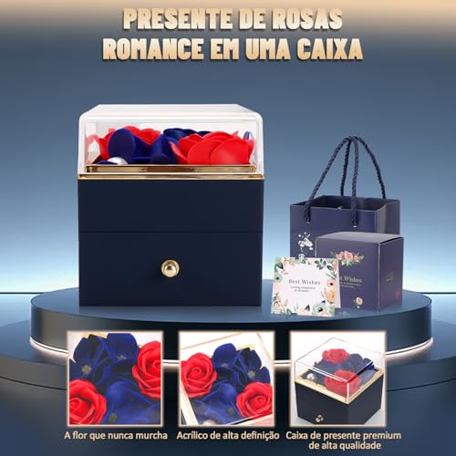 Caixa Rotativa Rosa Eterna, Presente Mulher, com Colar E Brincos para Caixa de Presente de Joias Flo