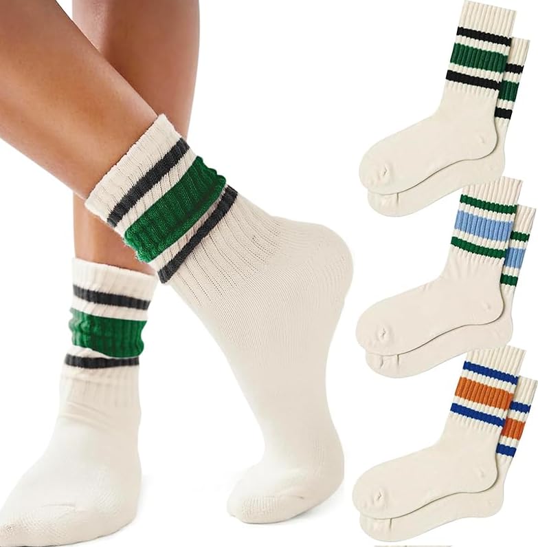 3 Pairs Crew Socks for Women Tube Sock Striped Cotton Calf Socks
