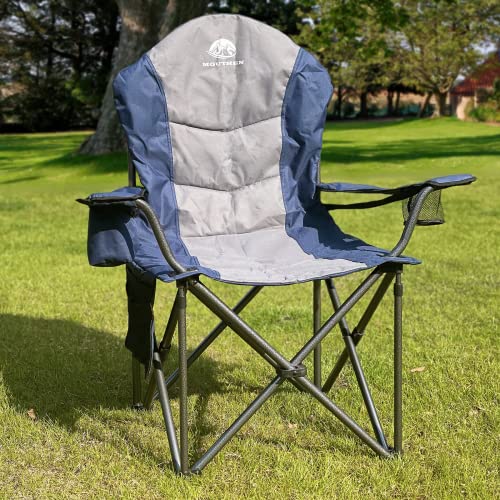 Mouthen Oversized Camping Chair With Lumbar Support, Outdoor Heavy Duty Folding Camp Arm Chair With Cooler Bag,Head And Side Pocket (Blue & Grey) #TOP1