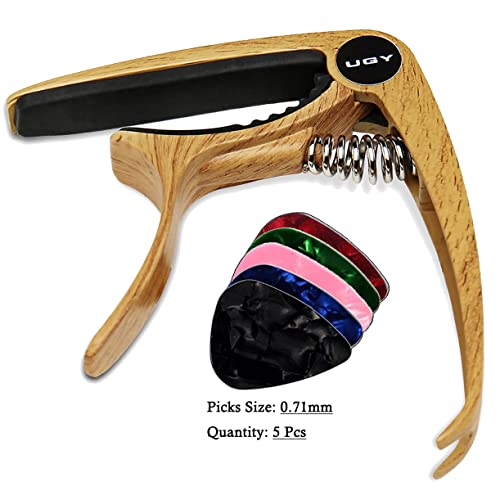 Ugy Capo Guitar Capo For Acoustic And Electric Guitars, Guitar Capo Or Ukulele Capos - Original Wood With 5 Picks #TOP1