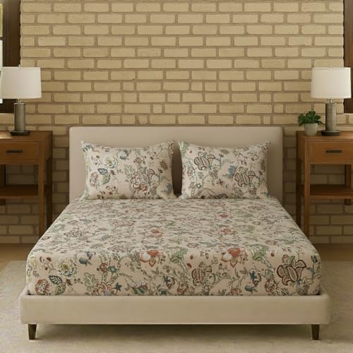 Image of Trance Home Linen 144TC 100% Cotton 84 inchx78 inch Elastic Fitted Bedsheet Super King Bed Size | Printed Fitted Sheet | Elasticated Fitted Bedspread with 2 Pillow Covers (84x78 inch, Malhaar Beige)