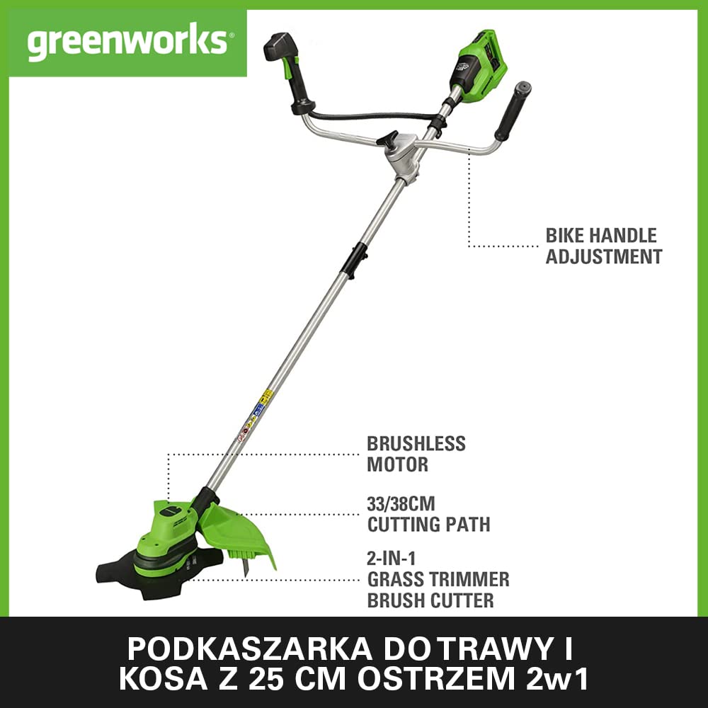 Greenworks GD24X2BCBK4x Akumulatorowa Kosa z Silnikiem Bezszczotkowym, Szelki, Uchwyt Rowerowy, 38 cm Szerokość Cięcia, 2 mm Żyłka Nylonowa, 25 cm Ostrze, 2x Bateria 24V 4Ah i Ładowarka