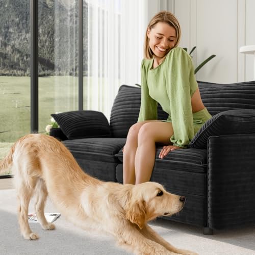 Image of Vesgantti 74 inch Loveseat Sofa for Living Room, Comfy Cloud Couch Deep Seat Corduroy Modern 2 Seater Small Sofa with Armrest Pillow, Easy Assembly for Small Spaces, Black