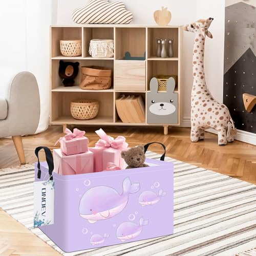 Image of Rectangular Purple Whale Waterproof Collapsible Storage Bin Organizer | stain-proof canvas, reinforced handles, planet print for laundry, study, living room, hallway, closet and playroom