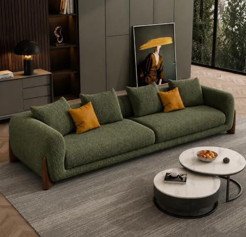 Image of Modern Sofa, Teddy Fabric, Chesterfield Style, Wooden Legs, for Living Room, Bedroom, Hallways (Dark Green - 3 Seater)