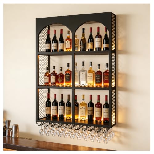 6-Grid French Arched Retro Wine Rack Wall Mounted with LED (Black, 31.5in)