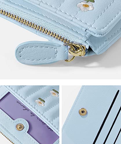 Meisee Small Wallet For Girls Women Tri-Folded Wallet Cash Pocket Card Holder Coin Purse With Id Window Elegant Youthful And Cute- -Flowers-Blue #TOP5