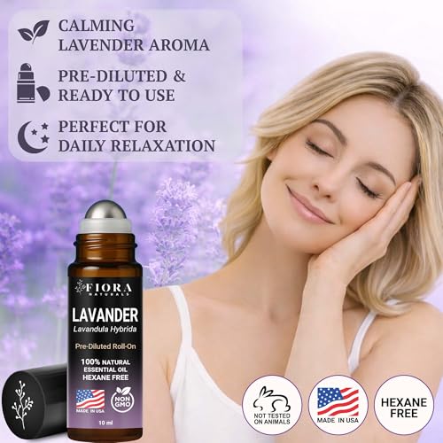 Image of Lavender Essential Oil Roll On - Pre-diluted Calming Lavender Oil for Relaxation, Sleep & Skin Care, Aromatherapy Roller, Lavender Roller Ball, Calming Gifts for Women, Men By Fiora Naturals