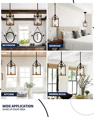 Hanass Farmhouse Wood Pendant Light, Black Glass Pendant Lighting For Kitchen Island In Walnut Wood, Length Adjustable, Md89418-Qh #TOP4