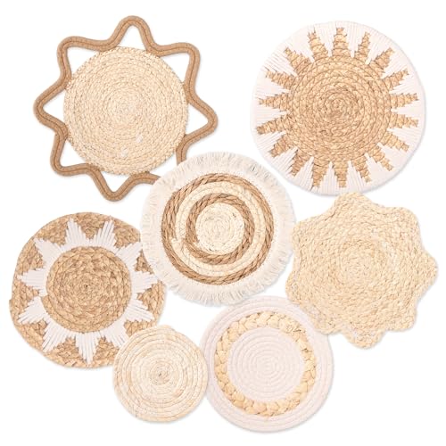 CODOHI Boho Wandkorb Deko – 7-teiliges Set handgefertigter, geflochtener Körbe aus Rattan und Seegras mit Aufhängeschlaufen – Boho Wandkunst für Wohnzimmer, Schlafzimmer und Flur