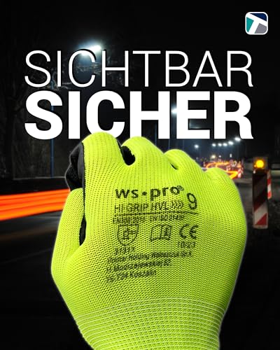 Foto von Trevendo Arbeitshandschuhe - WS-Pro Hi-Grip HVL - EN 388 - neongelbe Montage- & Schutzhandschuhe mit Crinkle-Latex-Beschichtung - Profi-Grip, robust & sichtbar - Mehrfachpack - Größe 10, 12 Paar