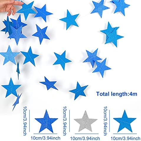 TSHAOUN 4PCS 52 feet total Silver and Blue Glitter Star Paper Garland kit,Garland Streamer Kit Little Star Party Garlands Kit for Twinkle Star Party for Baby Shower Birthday Wedding (4PCS)