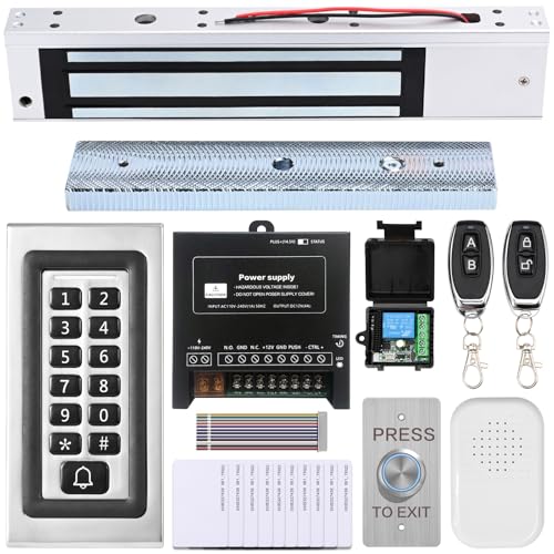 Access Control System Kit with Remote 600lbs Holding Force Fail-Safe Electromagnetic Lock Metal Keypad 12V Power Supply Exit Button & Doorbell Supports RFID Password & Remote Access