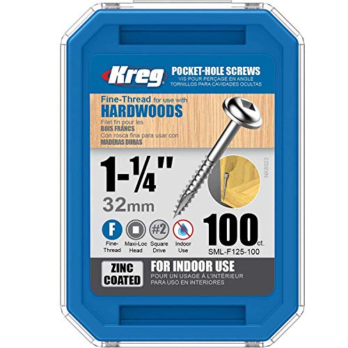 KREG® Ocynkowane wkręty kieszonkowe - 32 mm/1,25", gwint drobny, Maxi-Loc, 100 sztuk