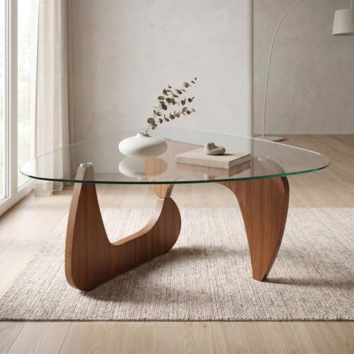 Image of 35.8 inch Glass Coffee Table, Modern Coffee Tables for Living Room, Organic Round Coffee Table with Clear Tempered Glass Top and Walnut Finish Wood Base, Small Center Table, Mesa de Centro para Sala