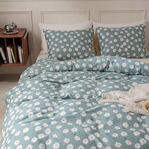 BuLuTu Sage Green Duvet Cover Queen White Daisy Flowers Pattern,Yellow Reversible Side with Colorful Polka Dots 100% Cotton for Girls Bedding Set with Zipper 3 Pcs 1 Duvet Cover 2 Pillow Shams,Queen