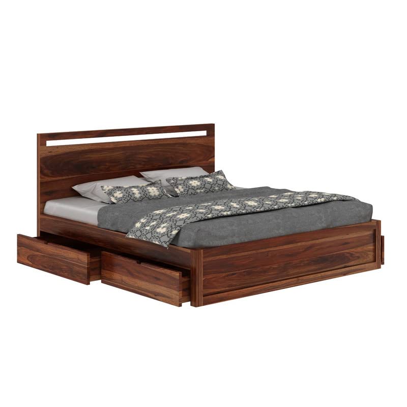 Image of Solid Sheesham Wood King Bed with Storage 4 Drawer Single Cut Design for Bedroom - Honey Finish