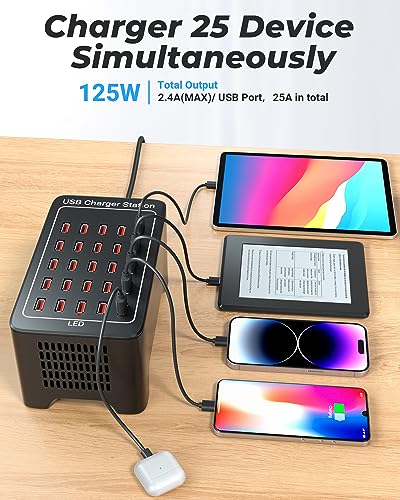 Image of USB Charging Station, 25 Port 125W(25A), Travel Desktop USB Rapid Charger, Multi Ports Fast Charging Station Organizer Compatible with Smartphones, Tables, and More Devices