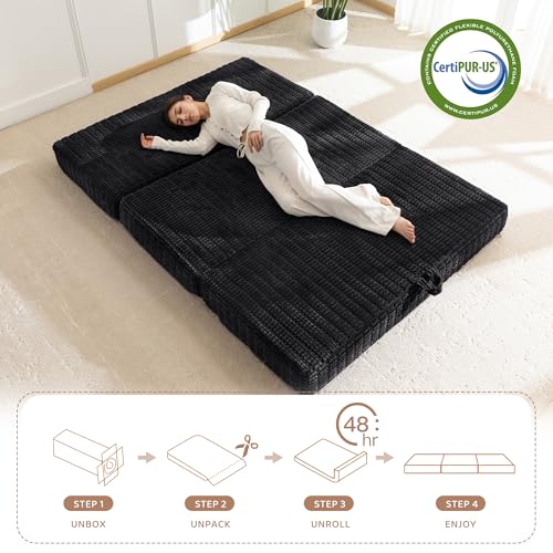 BYBYME Corduroy Memory Foam Tri-Folding Mattress, 6 Inch Gel Folding Mattress Topper, Foldable Soft Guest Bed Camping Pad, with Washable Cover (Black, Full) by BYBYME - Used condition - Image 7