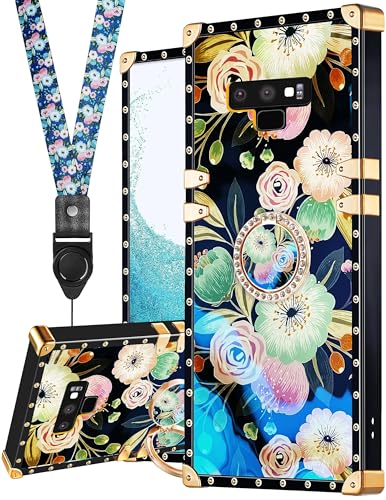 Loheckle for Samsung Galaxy Note 9 Case for Women, Designer with Ring Stand Holder and Lanyard, Stylish Flowers Luxury Cover for Samsung Note 9 Phone Cases 6.4''