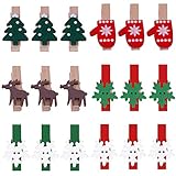 Pveath Weihnachten Holz Clips,150 Stück Mini Holz Klammer Clips Holzklammern Wäscheklammern Elch Handschuhe Schneeflocke DIY Fotoklammern für Namensschilder und zum Basteln holzklammern Weihnachten