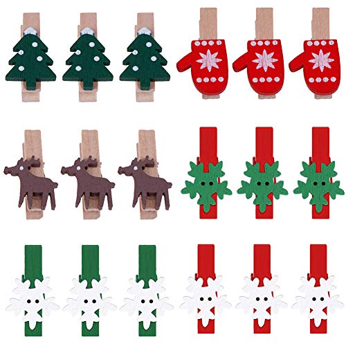 Navidad Clips de Madera,150 Piezas Árbol de Navidad Clips fotográficos Pinzas para la Ropa de Madera Elk Guantes Copo de Nieve DIY Photo Pegs para favores de Juegos Wood Clip Decor Photography Craft