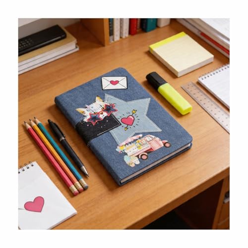 Image of COI A5 Denim Notebook Diary Hard Bound, 156 Ruled Pages 70 GSM Bleed Free Paper, Daily Planner Journal for Writing, Personal Organizer for Home Office School & Travel, Denim Cover with Cute Patches