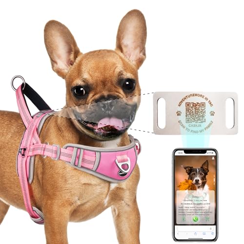 ADVENTUREMORE Dog Harness Small Dog No Pull with QR Code Dog Tag, Adjustable Reflective Dog Vest Escape Proof Dog Harness Smart ID Tag with Easy Control Front Clip Handle for Walking S Pink