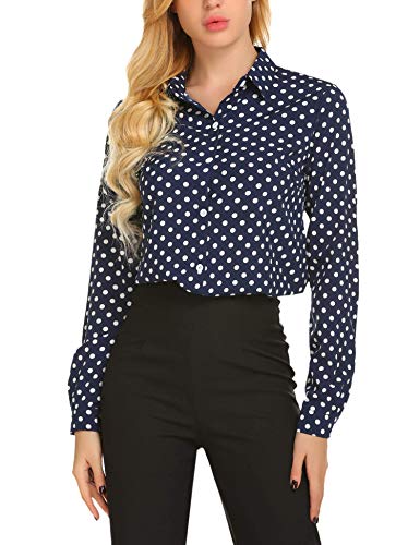 Zeagoo Women's Long Sleeve Casual Button Up Polka Dot Blouse Office Shirt Top, Blue, Medium