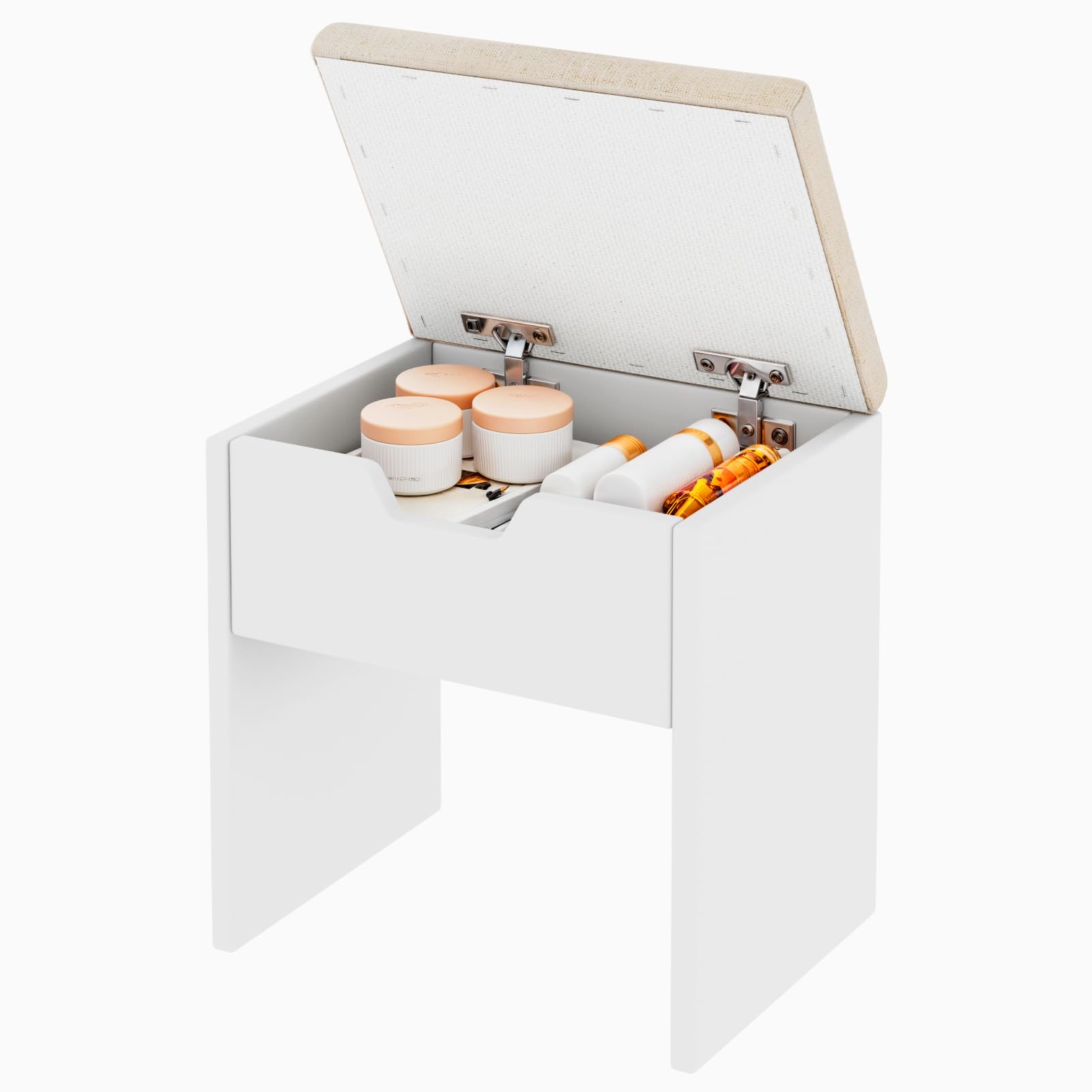 Airfish Comfortable Dressing Table Stool with Storage, Breathable and Cool Dressing Table Chair, Modern Upholstered Makeup Vanity for Bedroom, Dressing Room, Entryway, White