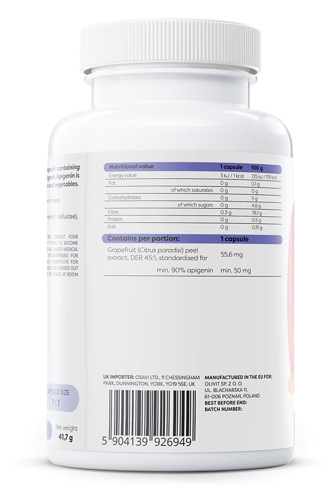 Osavi Apigénine 50 mg – 120 Gélules Véganes | Extrait d’écorce de pamplemousse standardisé (90% apigénine) | Bioflavonoïde d’origine végétale | Formule clean | Convient aux végans & keto