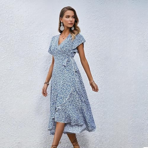 Image of Summer Dresses V Neck Short Sleeve Floral Midi Dress with Tie Waist Ruffled Boho Casual Dress for Beach Vacation