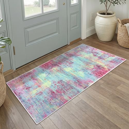 IOHOUZE Abstract Runner Rug 2x4 Ft Entryway Rugs Washable Door Mat Indoor Entrance, Rubber Backed Entryway Runners, Printed Faux Wool Non Slip Floor Carpet for Foyer Front Door Sink, Pink Teal
