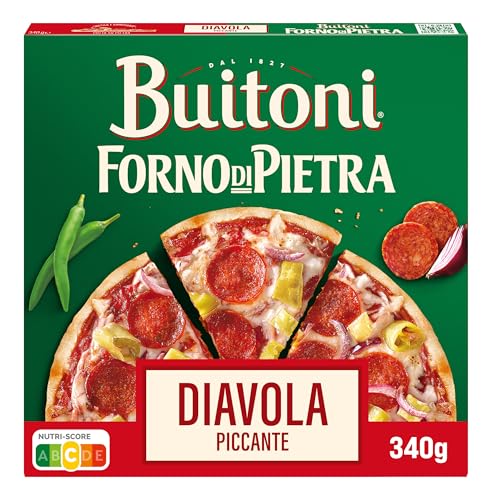 BUITONI Forno Di Pietra Pizza Diavola Picante - Pizza Congelada Masa Fina y Crujiente con Pepperoni, Cebolla, Guindilla y Quesos - 340g (Congelado)