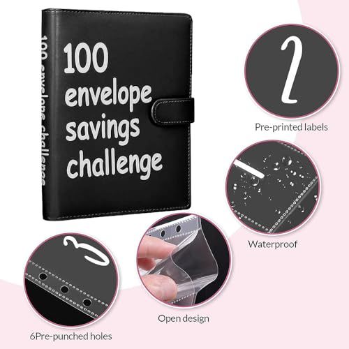 100 Envelopes Money Saving Challenge, 100 Envelope Challenge Binder, Easy and Fun Way to Save $5,050, Savings Challenges Budget Book Binder with Cash Envelopes for Office,Home,School (Black) - Thumbnail 3