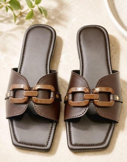 Image of SHINE Modern Traditional Brown Flats for Women | Elegant Square Toe Slip-On Sandals with Interwoven Strap & TPR Sole