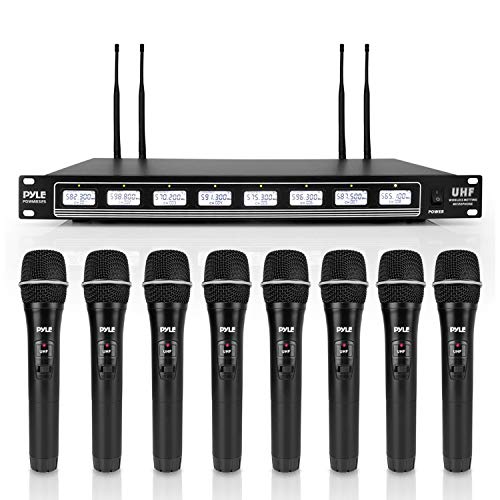 Pyle PDWM8325 8 Channel UHF Wireless Microphone & Rack Mountable Receiver Audio Sound System, Black