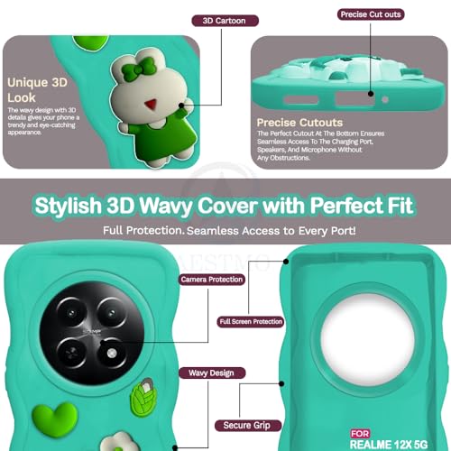 Image of AESTMO Back Case Cover for Realme 12 / 12X / C65 / Narzo 70X | 3D Cute Fun Cartoon Characters | Anti Slip Grip Cute Wave Curly Frame Shape | Back Cover for Realme 12 / 12X / C65 /Narzo 70X (MintGreen)