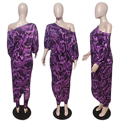 Women's Plus Size Sexy Camo Print 2 Piece Outfit Long Sleeve One Shoulder Asymmetrical Hem Tops Long Pants Sweatsuit Set Purple Camo 4Xl #TOP4