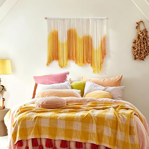 Image of IOWER Macrame Wall Hanging Yellow Dip Dye Boho Wall Decor Fiber Wall Art Modern Wall Decor Boho Wall Art for Living Room Bedroom Apartment 27 inch W x 26.8 inch L