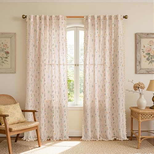 Image of MYSKY HOME Floral Boho Semi Sheer Linen Blend Farmhouse Curtains 84 Inches Long 2 Panels Set Cute Flower Printed Drapes with Tassels Back Tab Rod Pocket for Living Room Bedroom, 50 inch Wide, Dusty Pink