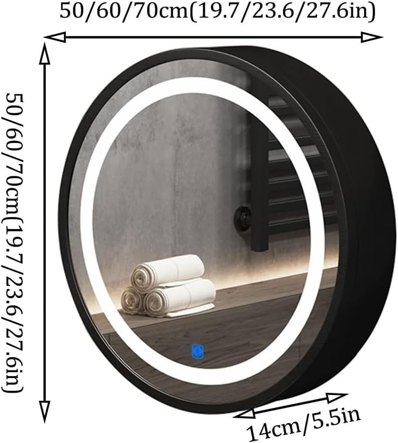 Bathroom Mirror Cabinet Round Solid Wood Mirror Cabinet Wall-Mounted Mirror Mirror with LED Light Strip Solid Wood Storage Cabinet Mirror Cabinets