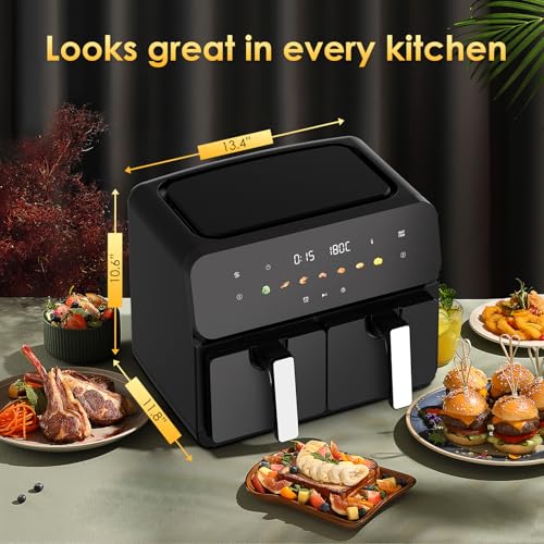 Image of 10QT Large Dual Zone Air Fryer, Double Basket Air Fryer with 2x5QT Baskets, Digital Full Touchscreen Easy-Panel, SyncCook Function, Cook 2 Dishes at Once for 4-6 Family,1700W, Black