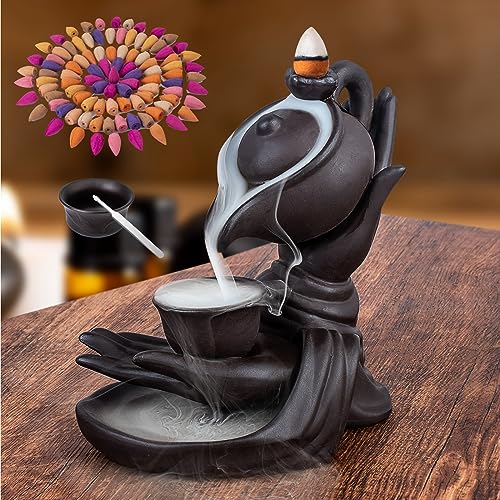 WONXISYO Waterfall Incense Burner Buddha Hand Backflow Incense Waterfall Burner Smoke Incense Holder Waterfall with 100 Incense Cones 10 Kind of Scents