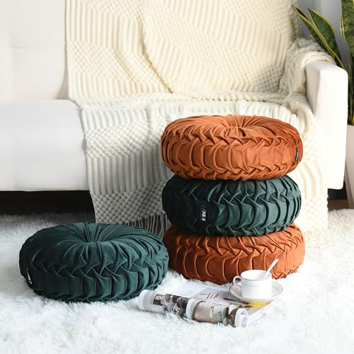 Image of HIG Set of 2 Decorative Round Pleated Throw Pillows, Classy Accent Pumpkin Throw Pillows with Center Button, Vintage Velvet Floor Pillows for Sofa Vanity Chair Bed, Emerald, 14.5 inch Diameter(Ripple)