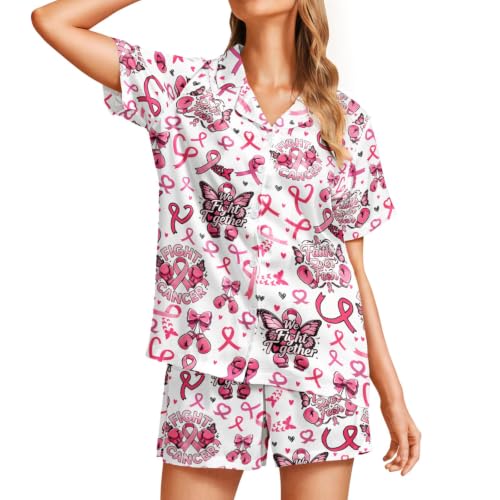 Image of Funny Satin Pajamas Set for Women Button Down Sleepwear Print Pjs Set 2 Piece Short Sleeve Loungewear Gift for Women