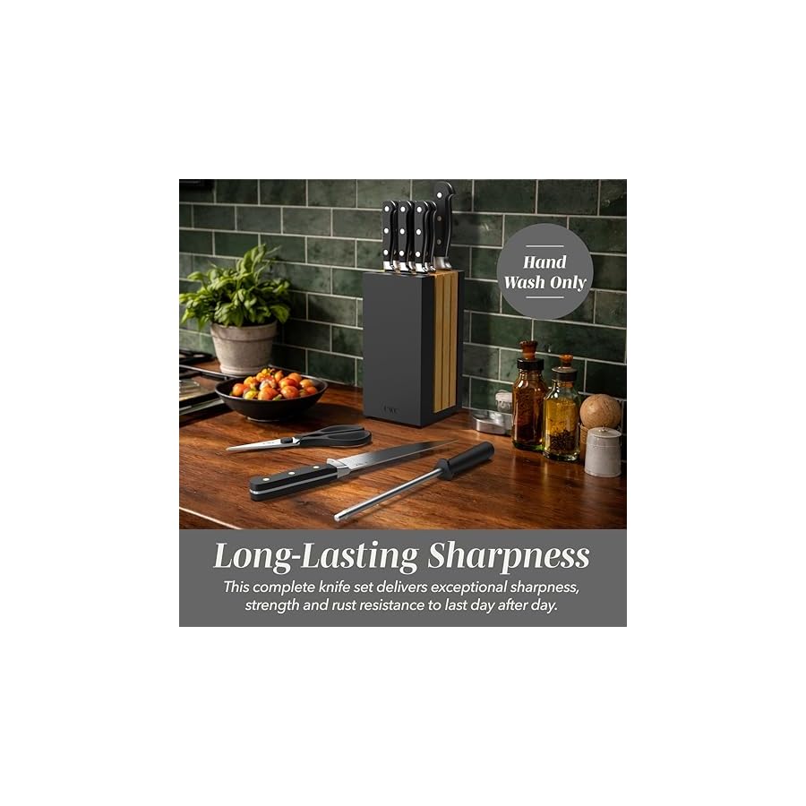 COOK WITH COLOR 14 Pieces Kitchen Knife Block Set, Knives for Kitchen, Forged Cutlery with Razor-Sharp High Carbon Steel Blades, Magnetic Block