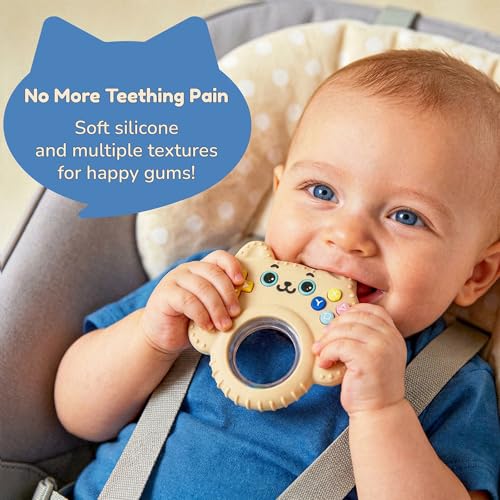 Image of Baby Teether Toy Silicone Cat Teething Ring -Game Controller, Baby Rattle Toy Chew Sensory Toys for Babies Over 3 Months, Teething Relief for Newborn Infant Essentials 0-6 6-12 Months, BPA Free -Beige
