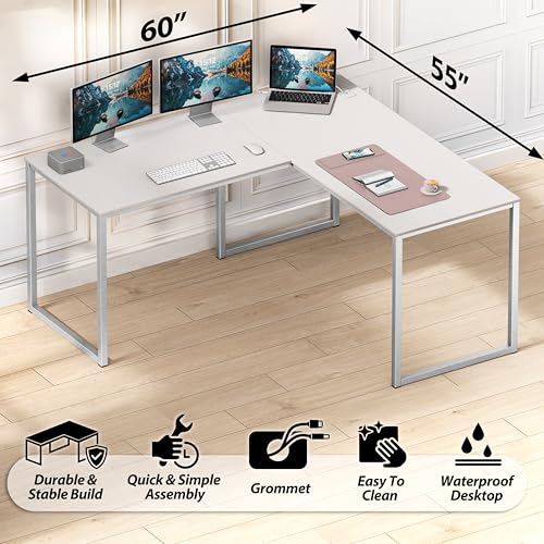 Image of SHW Mission 55 x 60 Inches L-Shape Home Office Computer Desk, White